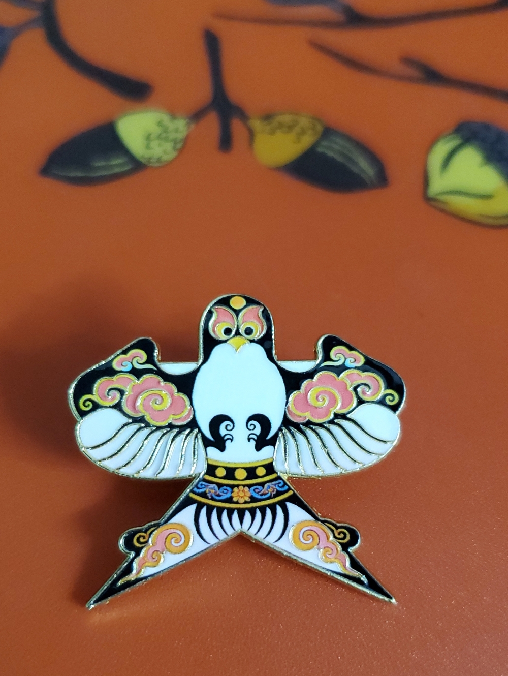 Decorative White & Black Enamel Bird Pin with Pink Accents